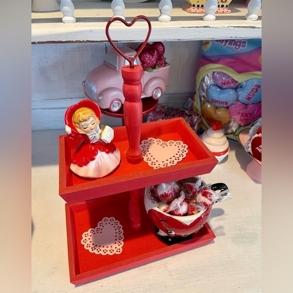 Valentines Day Small Red Heart Wood Tier Tray Decor display shabby chic coquette - Picture 2 of 5